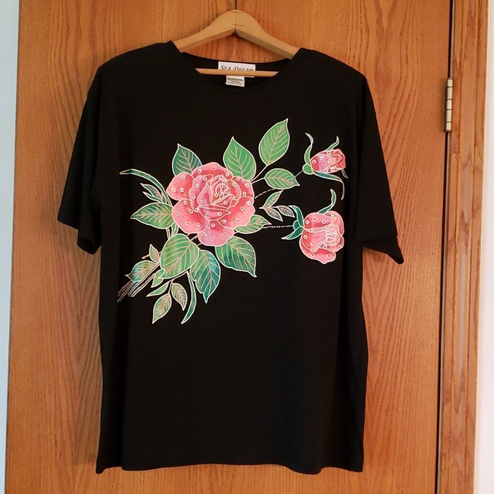 Beautiful Sea Dream Black w/ Pink Roses Top Sz XL